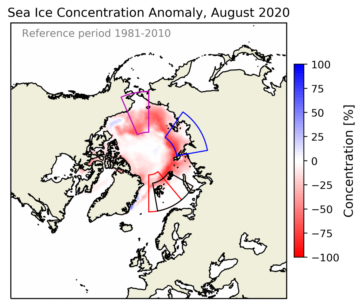 Arctic sea-ice concentration anomaly August 2020