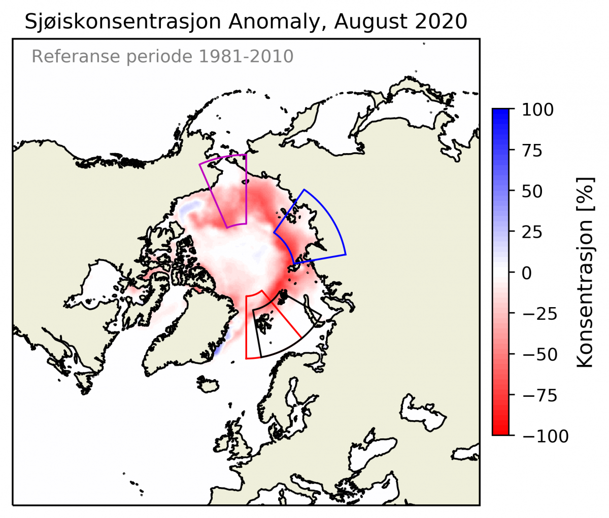 Anomali av sjøiskonsentrasjon i Arktis August 2020