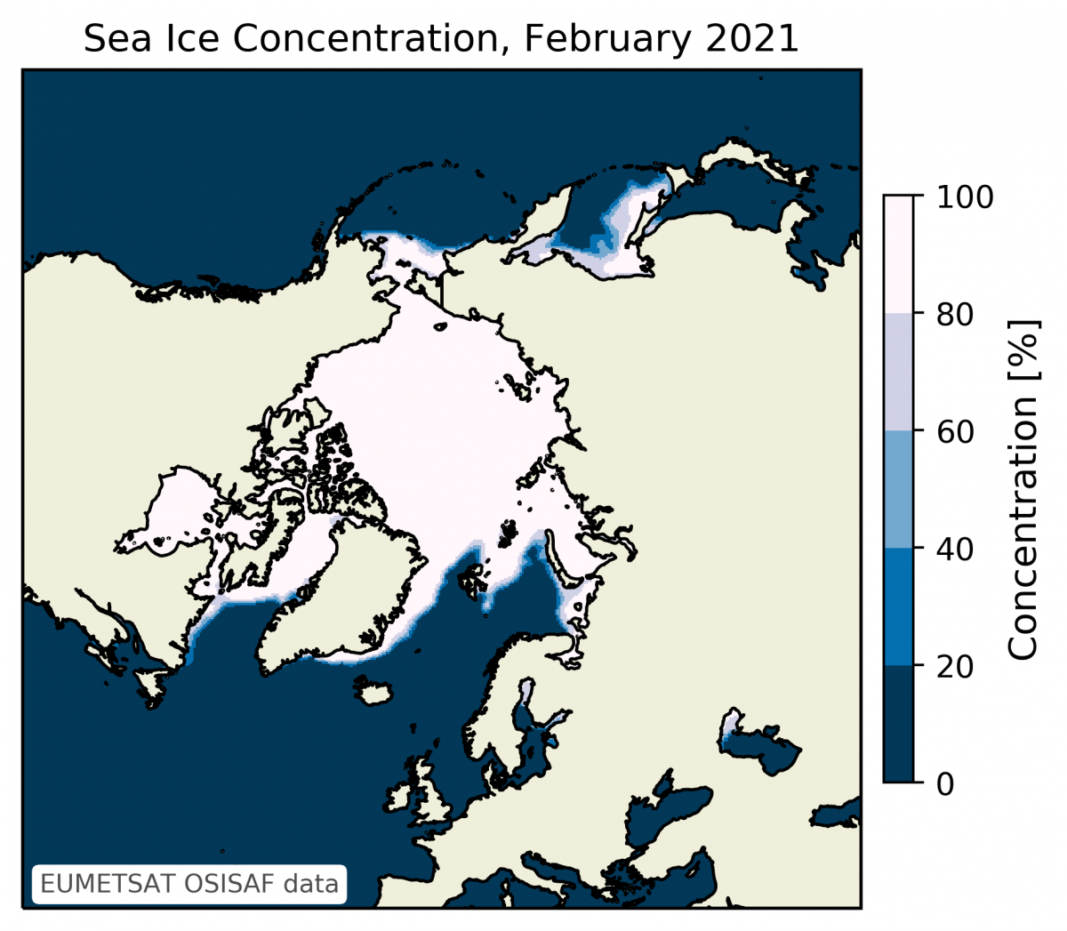Arctic sea-ice concentration in February 2021