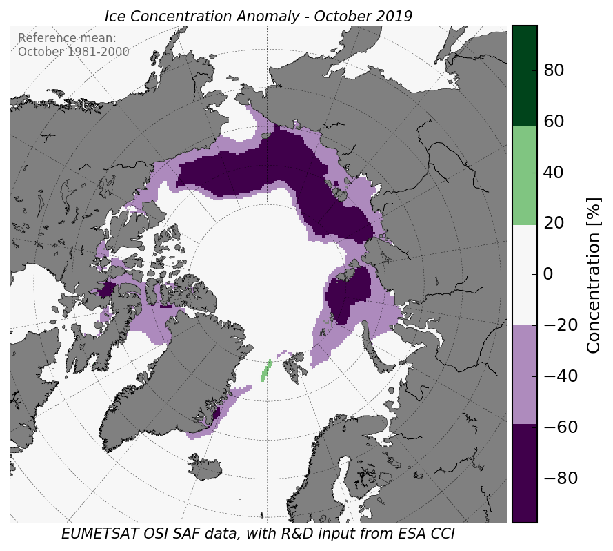 Arctic sea ice anomaly for October 2019