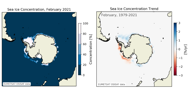 Antarctic sea ice in February 2021 and sea-ice trend