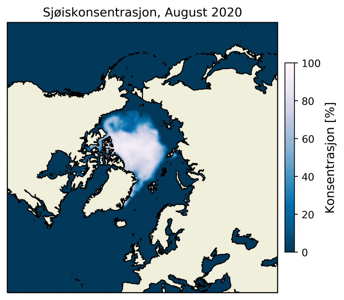 Sjøiskonsentrasjon i Arktis August 2020