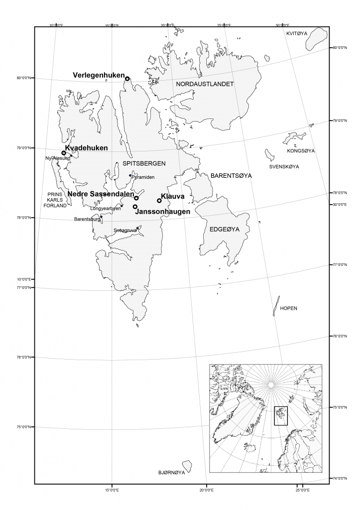  Location of the high-Arctic real-time permafrost monitoring sites on Svalbard